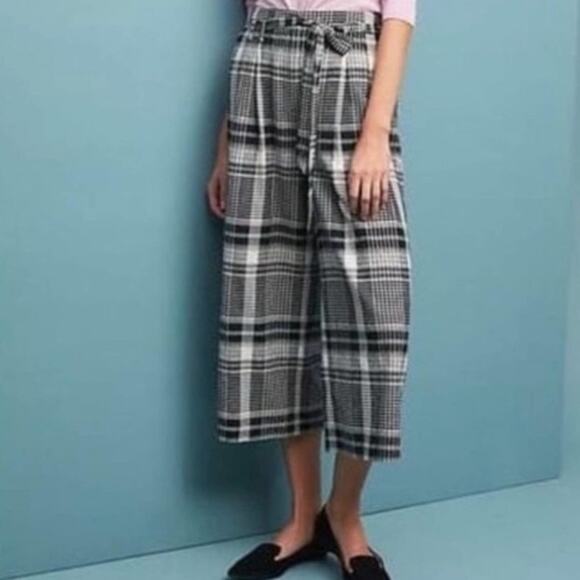 Ett TWA Anthropologie Luca Plaid Black White Pink Wide Leg Belted Pants size 4 - Picture 1 of 13